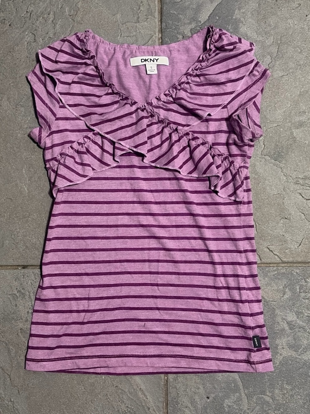 DKNY Lavender and Deep Purple Striped Ruffle Short Sleeve Top